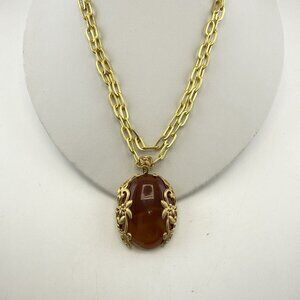 Sheila Fajl Necklace Floral Flower Faux Carnelian Gold Tone Brazil Chain Link